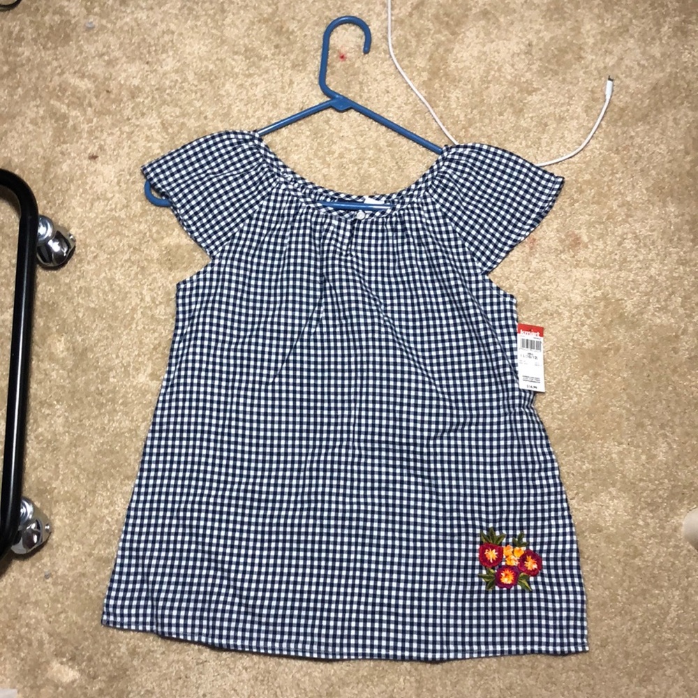 blue & white plaid top with embroidery